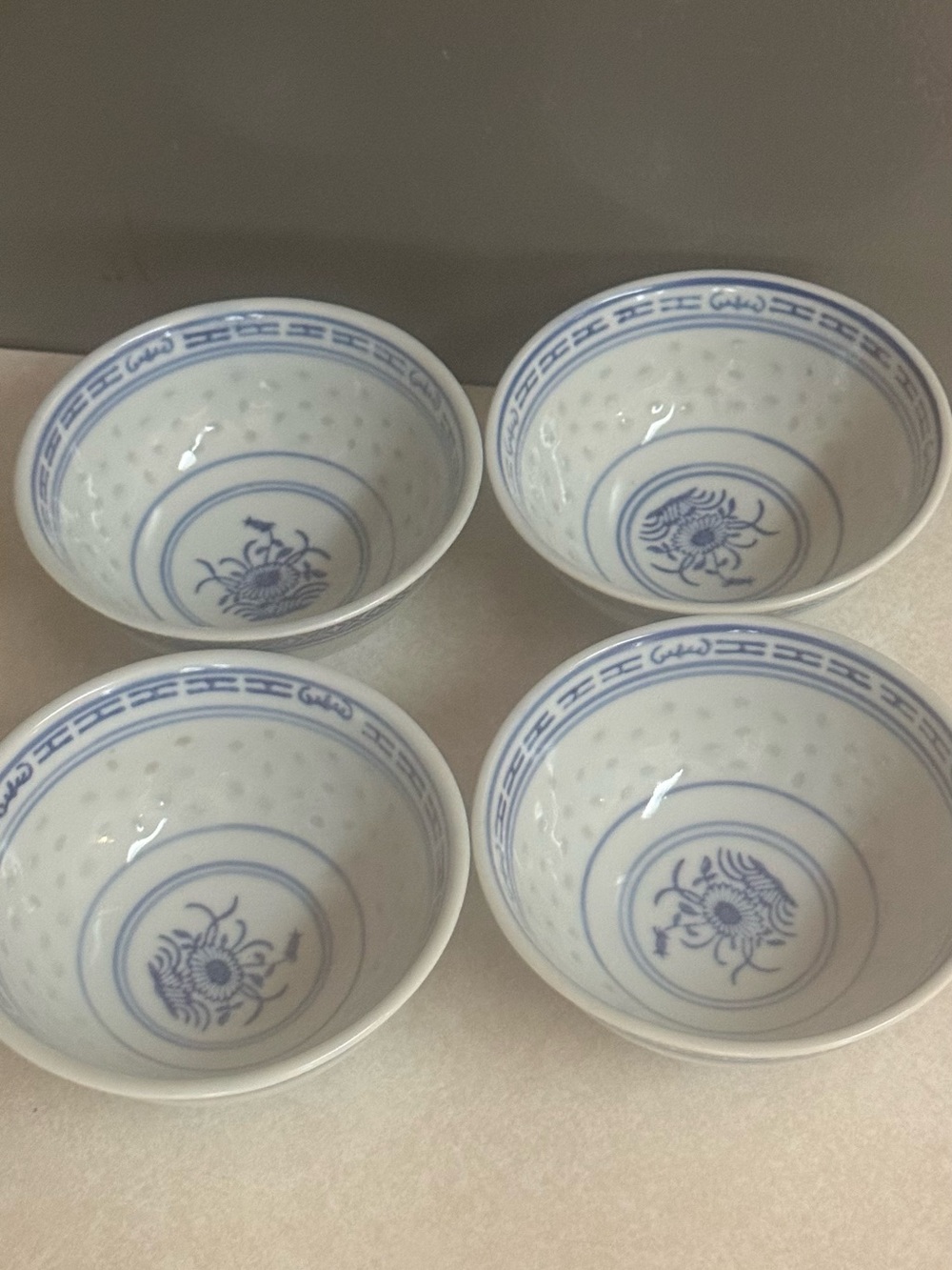 Vintage Chinese Blue and White Porcelain Rice Bowls - Set of 4